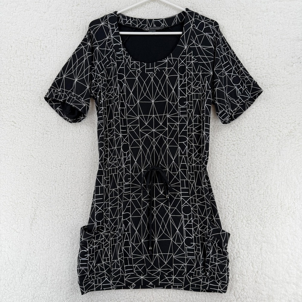 Armani‎ Exchange Dress Womens Medium Black White Geometric Logo Tunic Pockets